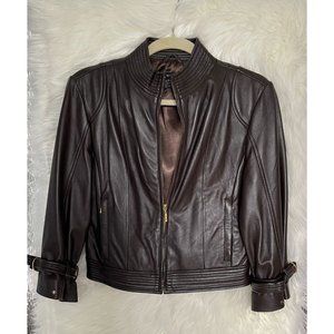ARDEN B. BROWN GENUINE LAMB LEATHER ¾ SLEEVE CROP MOTORCYCLE MOTO JACKET SZ M